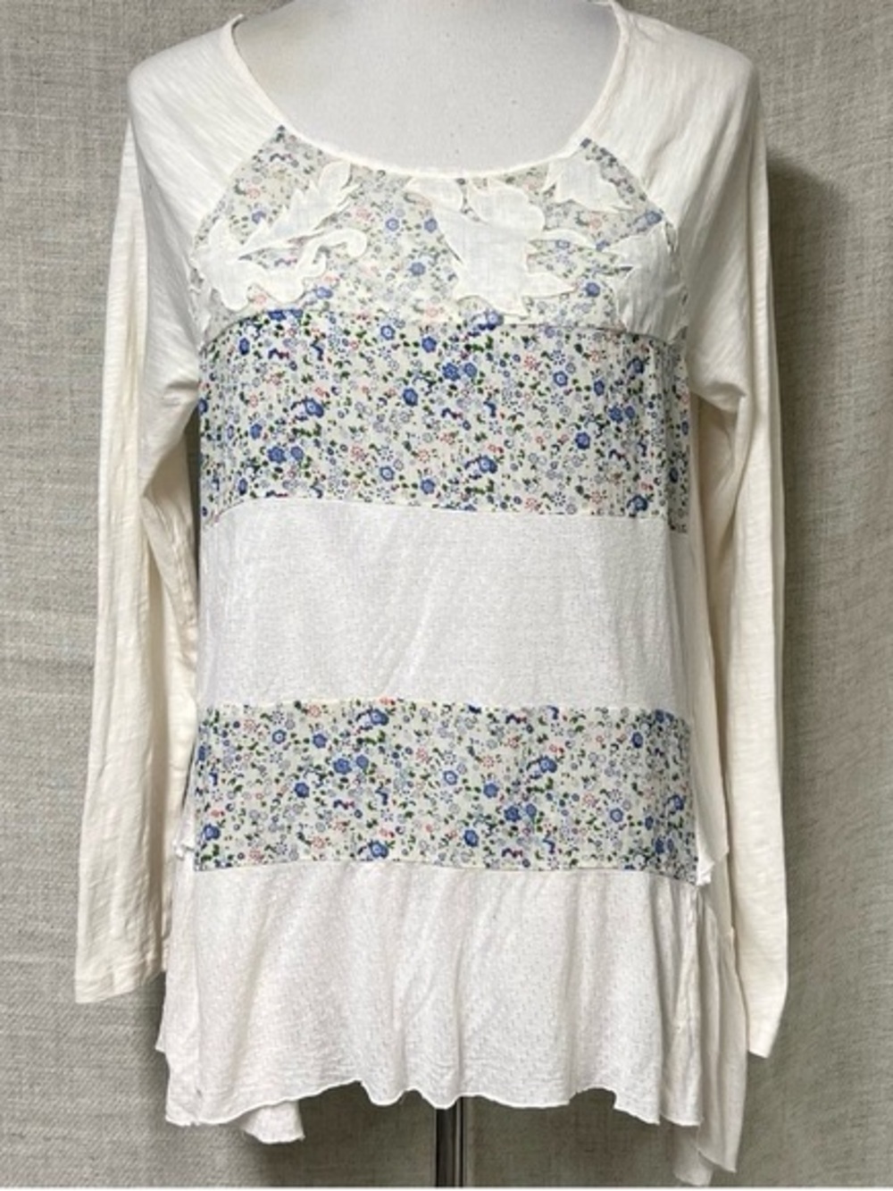Free People Cream Long Sleeve Floral Panel Tee with Blue Accents
